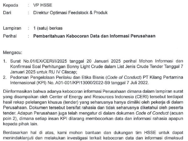 Memo Internal Pertamina Ungkap Dugaan Kebocoran Data Tender Minyak Mentah  